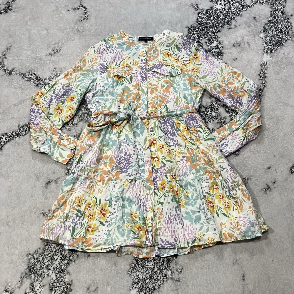 Gibsonlook Floral Tie Waist Tiered Dress Women Size Medium Long Sleeve